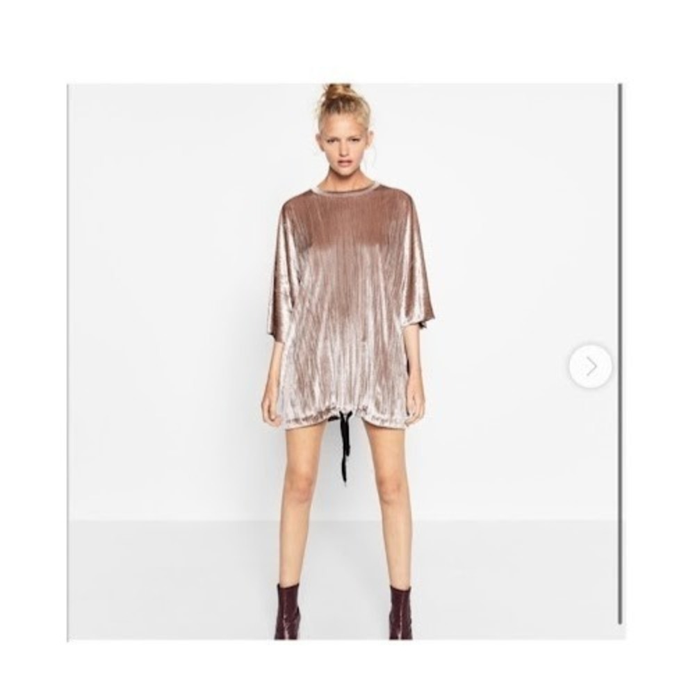Zara Velvet Tunic Dress Womens Medium Mauve Short Sleeve Drawstring Hem